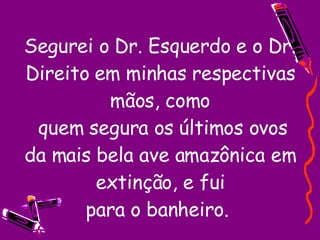 Segurei o Dr. Esquerdo e o Dr. Direito em minhas respectivas mãos, como  quem segura os últimos ovos da mais bela ave amazônica em extinção, e fui para o banheiro.  