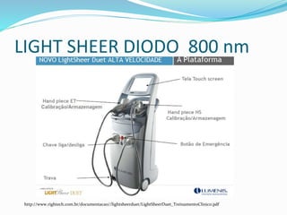 LIGHT SHEER DIODO 800 nm
http://www.rightech.com.br/documentacao//lightsheerduet/LightSheerDuet_TreinamentoClinico.pdf
 