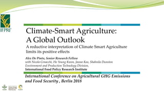 Climate-Smart Agriculture:
A Global Outlook
A reductive interpretation of Climate Smart Agriculture
limits its positive effects
Alex De Pinto, Senior Research Fellow
with Nicola Cenacchi, Ho Young Kwon, Jawoo Koo, Shahnila Dunston
Environment and Production Technology Division,
International Food Policy Research Institute
International Conference on Agricultural GHG Emissions
and Food Security , Berlin 2018
 