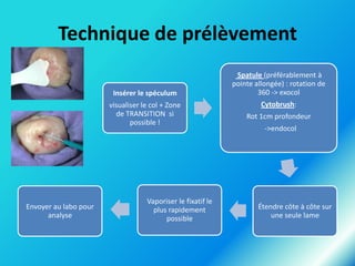 Technique de prélèvement
Insérer le spéculum
visualiser le col + Zone
de TRANSITION si
possible !

Envoyer au labo pour
analyse

Vaporiser le fixatif le
plus rapidement
possible

Spatule (préférablement à
pointe allongée) : rotation de
360 -> exocol
Cytobrush:

Rot 1cm profondeur
->endocol

Étendre côte à côte sur
une seule lame

 