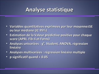 Analyse statistiqueAnalyse statistique
• Variables quantitatives exprimées par leur moyenne±SEVariables quantitatives exprimées par leur moyenne±SE
ou leur médiane (IC 95%)ou leur médiane (IC 95%)
• Estimation de la Valeur prédictive positive pour chaqueEstimation de la Valeur prédictive positive pour chaque
score (APRI, Fib-4 et Forns)score (APRI, Fib-4 et Forns)
• Analyses univariées :Analyses univariées : χχ², Student, ANOVA, régression², Student, ANOVA, régression
linéairelinéaire
• Analyses multivariées : régression linéaire multipleAnalyses multivariées : régression linéaire multiple
• p significatif quand < 0.05p significatif quand < 0.05
 