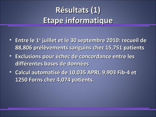 Résultats (1)Résultats (1)
Etape informatiqueEtape informatique
• Entre le 1Entre le 1erer
juillet et le 30 septembre 2010: recueil dejuillet et le 30 septembre 2010: recueil de
88,806 prélèvements sanguins chez 15,751 patients88,806 prélèvements sanguins chez 15,751 patients
• Exclusions pour échec de concordance entre lesExclusions pour échec de concordance entre les
différentes bases de donnéesdifférentes bases de données
• Calcul automatisé de 10,035 APRI, 9,903 Fib-4 etCalcul automatisé de 10,035 APRI, 9,903 Fib-4 et
1250 Forns chez 4,074 patients.1250 Forns chez 4,074 patients.
 