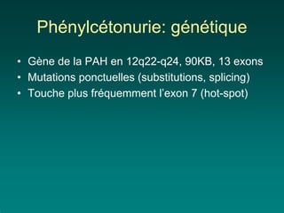 Phénylcétonurie: génétique
• Gène de la PAH en 12q22-q24, 90KB, 13 exons
• Mutations ponctuelles (substitutions, splicing)
• Touche plus fréquemment l’exon 7 (hot-spot)
 