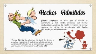 Hechos Admitidos
Forma Expresa: Se dice que el hecho es
admitido, y por tanto, excluido del thema
probandum, cuando la parte reconoce en forma
expresa o tácita la existencia del hecho
afirmado por el adversario.
Forma Táctita: La admisión tácita de los hechos se
produce cuando la Ley atribuye al silencio de la
contraparte el valor de la admisión de los hechos
afirmados por el adversario. Art. 362 CPC
 