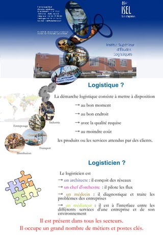 [object Object],[object Object],[object Object],[object Object],[object Object],[object Object],Logistique ? Logisticien ? Le logisticien est  ,[object Object],[object Object],[object Object],[object Object],Il est présent dans tous les secteurs. Il occupe un grand nombre de métiers et postes clés. Industrie Entreposage Transport Distribution 