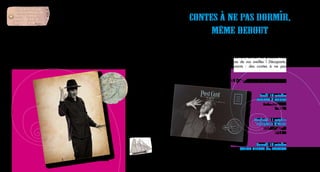 10 11
Olivier de ROBERT
« Conter,cen’estjamaisquedireaveclenteurcequipourraitêtrerésuméenquelques
mots. C’est prendre le temps de suivre les chemins buissonniers du rire et du rêve,
ceux qui vont en mille détours des lèvres aux cœurs. »
C’est cela qu’aime Olivier de Robert : prêter sa voix aux taiseux qui savent les
choses essentielles et n’en disent rien ou presque de peur de déranger. Tricoter des
bouts de phrases toutes simples pour finir par dire les grandes vérités, celles qui
viennent du fond de l’âme humaine.
En partenariat avec
les médiathèques de
Murat-sur-Vèbre,
Valence d’Albi et
Saint Pierre de Trivisy
Contes a ne pas dormir,
mÊme debout
Jeudi 10 octobre
MURAT / VEBRE
Salle des Fêtes
14 h 00
Vendredi 11 octobre
VALENCE d’ALBI
Salle des Fêtes
20 h 30
Samedi 12 octobre
SAINT PIERRE de TRIVISY
Restaurant la Bibliotèca
18 h 00
Photo : Alain de Haro
Photo : Alain de Haro
‘
Voilà donc Olivier de Robert et ses contes enracinés
dans la mémoire collective mais pas poussiéreux pour
deux sous. Et choisis au moment, suivant les produits frais
du marché et les tendances de vos oreilles ! Décapants,
joyeux et souvent émouvants : des contes à ne pas
dormir, même debout...
1 h 15, tout public à partir de 10 ans
 