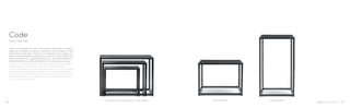 CODE_40X40X60CODE_50X50X36CODE_40X40X30 + CODE_50X50X36 + CODE_59X59X42
Design Pedrali RD
Code
Code è una famiglia di tavolini dal carattere essenziale e versatile,
ideale per arredare con gusto e sobrietà le zone lounge e le hall
degli hotel, le sale relax. Il ripiano in stratificato 10mm poggia sul
telaio in tubolare quadrato 20x20mm verniciato in tinta. Dimensioni
400x400x300mm, 500x500x360mm, 600x600x420mm,
600x1200x300mm, 400x400x600mm. Colori: bianco e nero.
Code is a collection of tables equally essential and versatile, a
contemporary solution for lounge areas and hotel lobbies.
The solid laminate top 10mm thickness rests on a square tubular
frame 20x20mm in powder coated finish matching the top colour
D i m e n s i o n s : 4 0 0 x4 0 0 x 3 0 0 m m , 5 0 0 x5 0 0 x 3 6 0 m m ,
600x600x420mm, 600x1200x300mm, 400x400x600mm.
Colours : white and black.
26 27
 