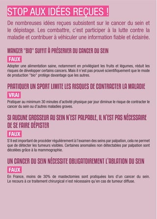 STOP AUX IDÉES REÇUES !
De nombreuses idées reçues subsistent sur le cancer du sein et
le dépistage. Les combattre, c’est participer à la lutte contre la
maladie et contribuer à véhiculer une information ﬁable et éclairée.
MANGER "BIO" SUFFIT À PRÉSERVER DU CANCER DU SEIN
FAUX
Adopter une alimentation saine, notamment en privilégiant les fruits et légumes, réduit les
risques de développer certains cancers. Mais il n’est pas prouvé scientifiquement que le mode
de production "bio" protège davantage que les autres.
PRATIQUER UN SPORT LIMITE LES RISQUES DE CONTRACTER LA MALADIE
VRAI
Pratiquer au minimum 30 minutes d’activité physique par jour diminue le risque de contracter le
cancer du sein ou d’autres maladies graves.
SI AUCUNE GROSSEUR AU SEIN N’EST PALPABLE, IL N’EST PAS NÉCESSAIRE
DE SE FAIRE DÉPISTER
FAUX
S’il est important de procéder régulièrement à l’examen des seins par palpation,cela ne permet
que de détecter les tumeurs visibles. Certaines anomalies non détectables par palpation sont
décelées grâce à la mammographie.
UN CANCER DU SEIN NÉCESSITE OBLIGATOIREMENT L’ABLATION DU SEIN
FAUX
En France, moins de 30% de mastectomies sont pratiquées lors d’un cancer du sein.
Le recours à ce traitement chirurgical n’est nécessaire qu’en cas de tumeur diffuse.
 