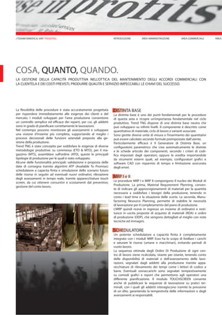 AREA M
COSA, QUANTO, QUANDO.
LA GESTIONE DELLA CAPACITÀ PRODUTTIVA NELL’OTTICA DEL MANTENIMENTO DEGLI ACCORDI COMMERCIALI CON
LA CLIENTELA E DEI COSTI PREVISTI, PRODURRE QUALITÀ E SERVIZIO IMPECCABILI: LE CHIAVI DEL SUCCESSO.
La flessibilità delle procedure è stata accuratamente progettata
per rispondere immediatamente alle esigenze dei clienti e del
mercato. I moduli sviluppati per l’area produzione consentono
un controllo semplice ed efficace dei reparti, per cui, gli addetti
sono in grado di pianificare correttamente le lavorazioni.
Nel contempo possono monitorare gli avanzamenti e sviluppare
una visione d’insieme più completa, supportando al meglio i
processi decisionali delle funzioni aziendali preposte alla ge-
stione della produzione.
Trend TNG è stato concepito per soddisfare le esigenze di diverse
metodologie produttive: su commessa (ETO & MTO), per il ma-
gazzino (MTS), assemblare sull’ordine (ATO), queste le principali
tipologie di produzione per le quali è stato sviluppato.
Alcune delle funzionalità principali: validazione e proposta delle
date di consegna tramite algoritmi ATP (Available To Promise);
schedulatore a capacita finita e simulazione dello scenario futuro
delle risorse in seguito ad eventuali nuovi ordinativi; rilevazione
degli avanzamenti in tempo reale, tramite apparecchiature touch
screen, da cui ottenere consuntivi e scostamenti dal preventivo;
gestione del conto lavoro.
DISTINTA BASE
La distinta base è uno dei punti fondamentali per le procedure
di questa area e ricopre un’importanza fondamentale nel ciclo
produttivo. Trend TNG dispone di una distinta base neutra che
può svilupparsi su infiniti livelli. Il componente è descritto come
quantitativo di materiale, ciclo di lavoro e varianti associate.
Sono gestite diverse unità di misura e l’inserimento dei quantitativi
può essere calcolato secondo formule preimpostate dall’utente.
Particolarmente efficace è il Generatore di Distinta Base, un
configuratore parametrico che crea automaticamente le distinte
e le schede articolo dei componenti, secondo i criteri di codi-
fica impostati dagli operatori; oppure le eredita importandole
da strumenti esterni quali, ad esempio, configuratori grafici e
software CAD con risparmio di tempo e limitazione assicurata
degli errori.
MRP I e II
Le procedure MRP I e MRP II compongono il nucleo dei Moduli di
Produzione. La prima, Material Requirement Planning, consen-
te di indicare gli approvvigionamenti di materiali per la quantità
necessaria a soddisfare i bisogni della produzione, tenendo in
conto i lead time e la situazione delle scorte. La seconda, Manu-
factoring Resource Planning, permette di stabilire le necessità
di lavorazione per il completamento del piano di produzione.
L’MRP quindi riceve in ingresso un insieme di ordinativi e resti-
tuisce in uscita proposte di acquisto di materiali (RDA) e ordini
di produzione (ODP), che vengono dettagliati al meglio con note
tecniche ed immagini.
SCHEDULATORE
Un potente schedulatore a capacità finita è completamente
integrato con i moduli MRP. Esso ha lo scopo di livellare i carichi
e saturare le risorse (umane e macchinari), evitando periodi di
vuoto lavoro.
La sequenza ottimale degli Ordini Di Produzione di ogni cen-
tro di lavoro viene ricalcolata, istante per istante, tenendo conto
delle disponibilità di materiali e dell’avanzamento delle lavo-
razioni, segnalati dagli addetti alla produzione tramite appa-
recchiature di rilevamento dei tempi come i lettori di codice a
barre. Eventuali sovraccarichi sono segnalati tempestivamente
su comodi grafici e report che permettono agli operatori una
differente pianificazione. Il modulo TOUCHSCREEN consente
anche di pubblicare le sequenze di lavorazione su pratici ter-
minali, con i quali gli addetti interagiscono tramite la pressione
di un dito, garantendo la tempestività delle informazioni e degli
avanzamenti ai responsabili.
AREA COMMERCIALEAREA AMMINISTRAZIONEINTRODUZIONE//TDAINFORMATICA/ ERP/ TRENDTNG
 