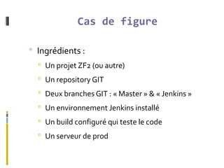 Cas de figure
 Ingrédients :
 Un projet ZF2 (ou autre)
 Un repository GIT
 Deux branches GIT : « Master » & « Jenkins »
 Un environnement Jenkins installé
 Un build configuré qui teste le code
 Un serveur de prod
 