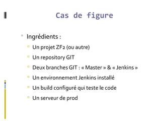 Cas de figure
 Ingrédients :
 Un projet ZF2 (ou autre)
 Un repository GIT
 Deux branches GIT : « Master » & « Jenkins ...