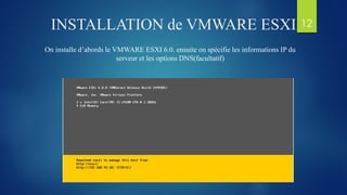 INSTALLATION de VMWARE ESXI
On installe d’abords le VMWARE ESXI 6.0. ensuite on spécifie les informations IP du
serveur et les options DNS(facultatif)
12
 