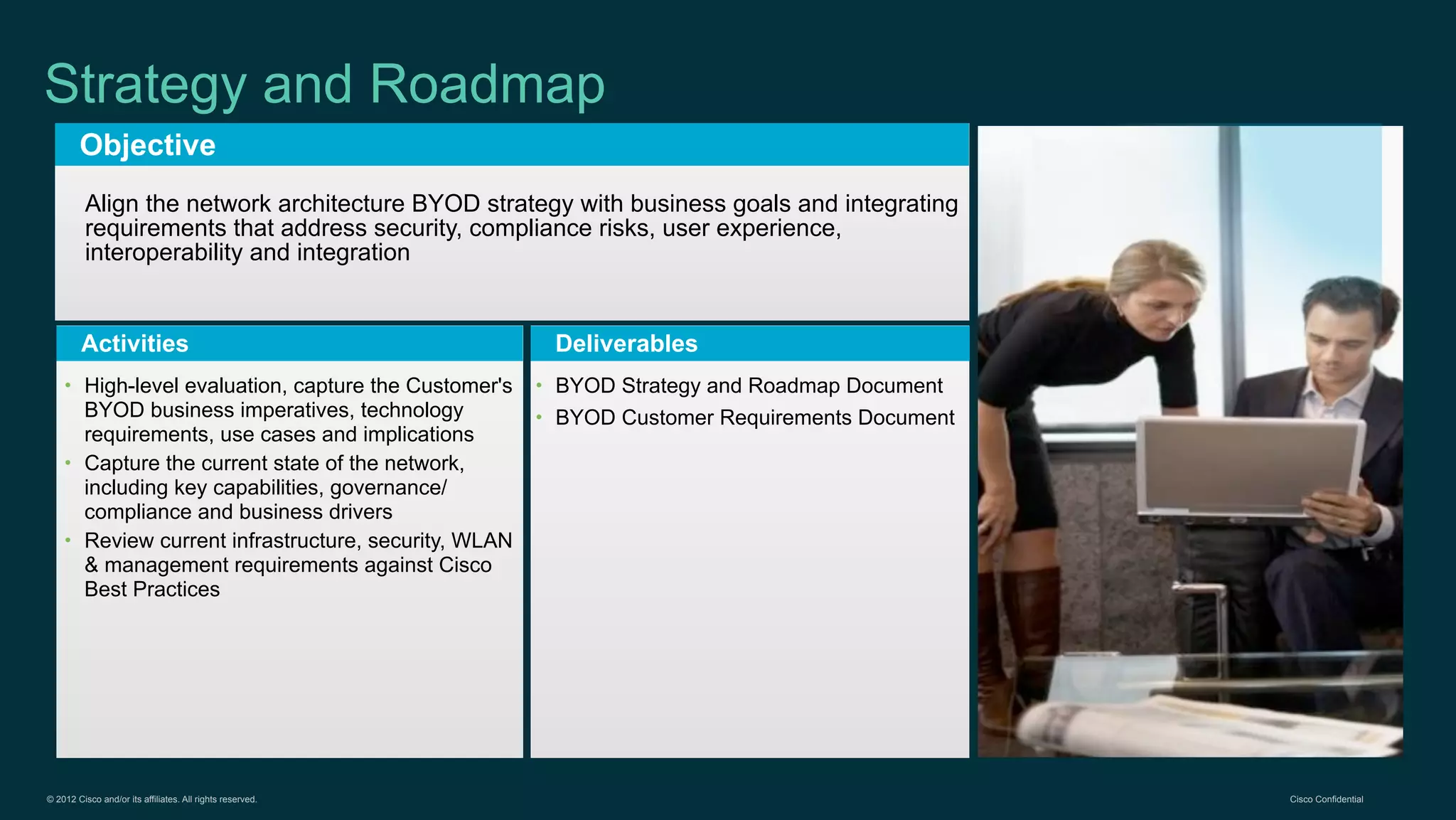 © 2012 Cisco and/or its affiliates. All rights reserved. Cisco Confidential
Objective
Activities Deliverables
Strategy and Roadmap
Align the network architecture BYOD strategy with business goals and integrating
requirements that address security, compliance risks, user experience,
interoperability and integration
• High-level evaluation, capture the Customer's
BYOD business imperatives, technology
requirements, use cases and implications
• Capture the current state of the network,
including key capabilities, governance/
compliance and business drivers
• Review current infrastructure, security, WLAN
& management requirements against Cisco
Best Practices
• BYOD Strategy and Roadmap Document
• BYOD Customer Requirements Document
 