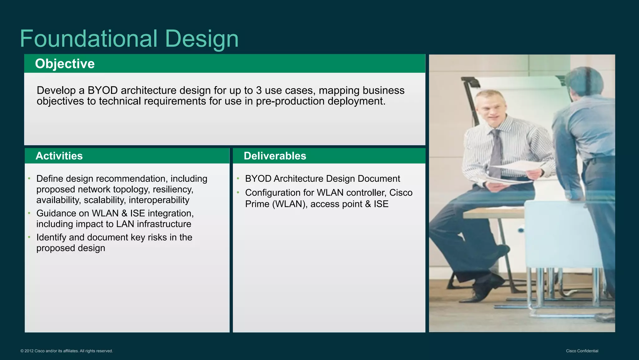 © 2012 Cisco and/or its affiliates. All rights reserved. Cisco Confidential
Objective
Activities Deliverables
Foundational Design
Develop a BYOD architecture design for up to 3 use cases, mapping business
objectives to technical requirements for use in pre-production deployment.
• Define design recommendation, including
proposed network topology, resiliency,
availability, scalability, interoperability
• Guidance on WLAN & ISE integration,
including impact to LAN infrastructure
• Identify and document key risks in the
proposed design
• BYOD Architecture Design Document
• Configuration for WLAN controller, Cisco
Prime (WLAN), access point & ISE
 