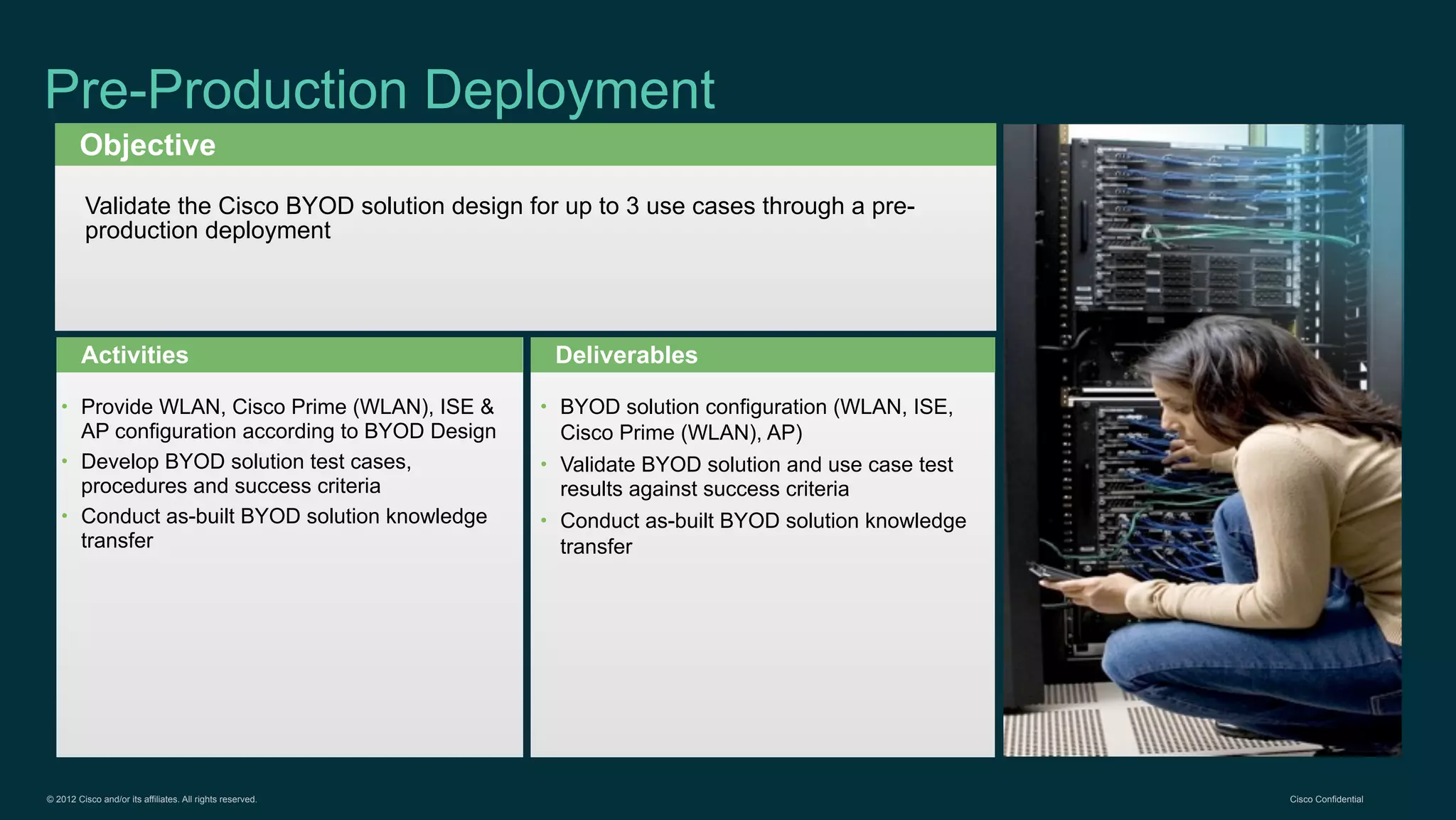 © 2012 Cisco and/or its affiliates. All rights reserved. Cisco Confidential
Objective
Activities Deliverables
Pre-Production Deployment
Validate the Cisco BYOD solution design for up to 3 use cases through a pre-
production deployment
• Provide WLAN, Cisco Prime (WLAN), ISE &
AP configuration according to BYOD Design
• Develop BYOD solution test cases,
procedures and success criteria
• Conduct as-built BYOD solution knowledge
transfer
• BYOD solution configuration (WLAN, ISE,
Cisco Prime (WLAN), AP)
• Validate BYOD solution and use case test
results against success criteria
• Conduct as-built BYOD solution knowledge
transfer
 