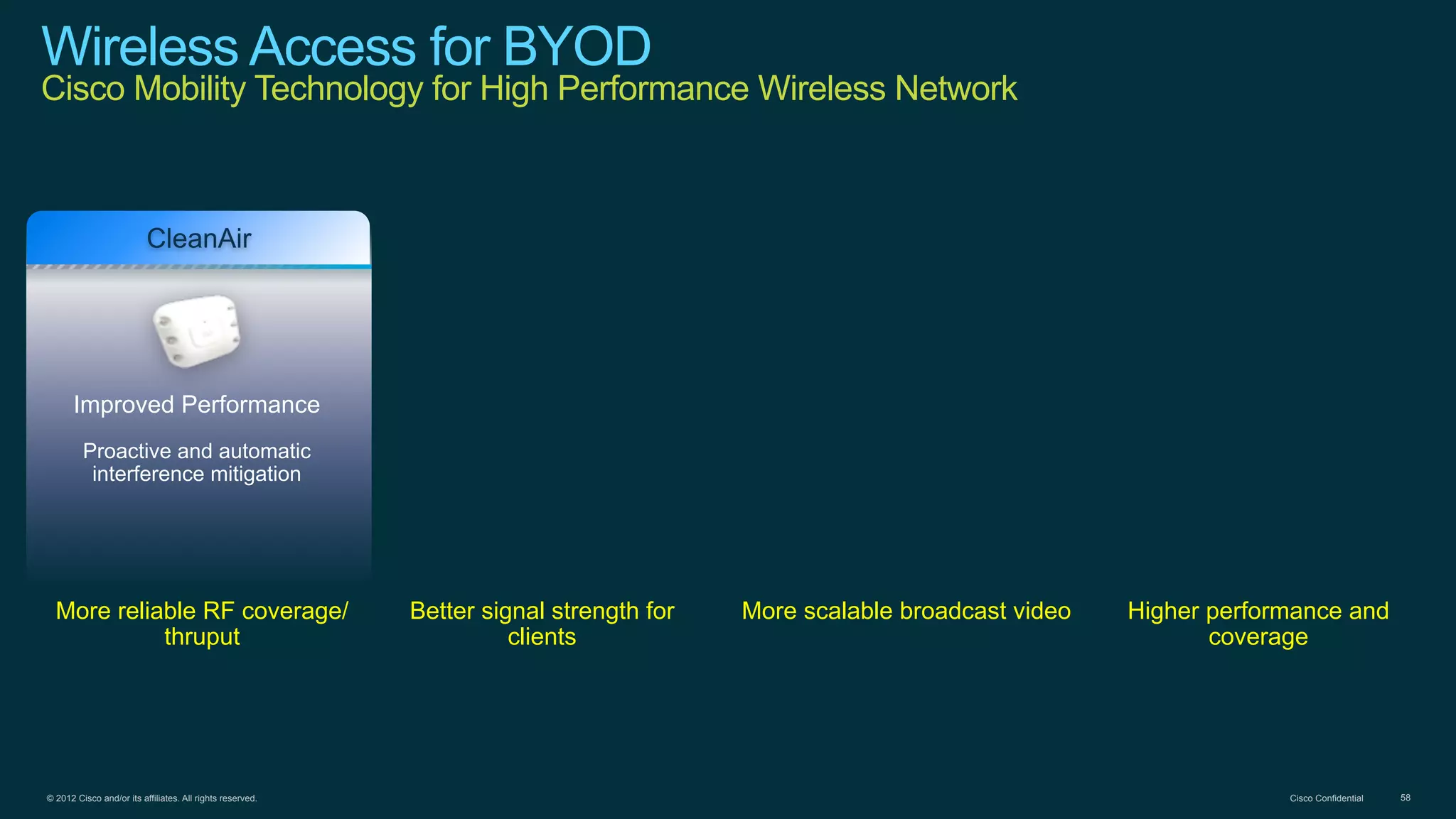 © 2012 Cisco and/or its affiliates. All rights reserved. Cisco Confidential 58
Wireless Access for BYOD
Cisco Mobility Technology for High Performance Wireless Network
CleanAir
Improved Performance
Proactive and automatic
interference mitigation
More reliable RF coverage/
thruput
Better signal strength for
clients
More scalable broadcast video Higher performance and
coverage
 