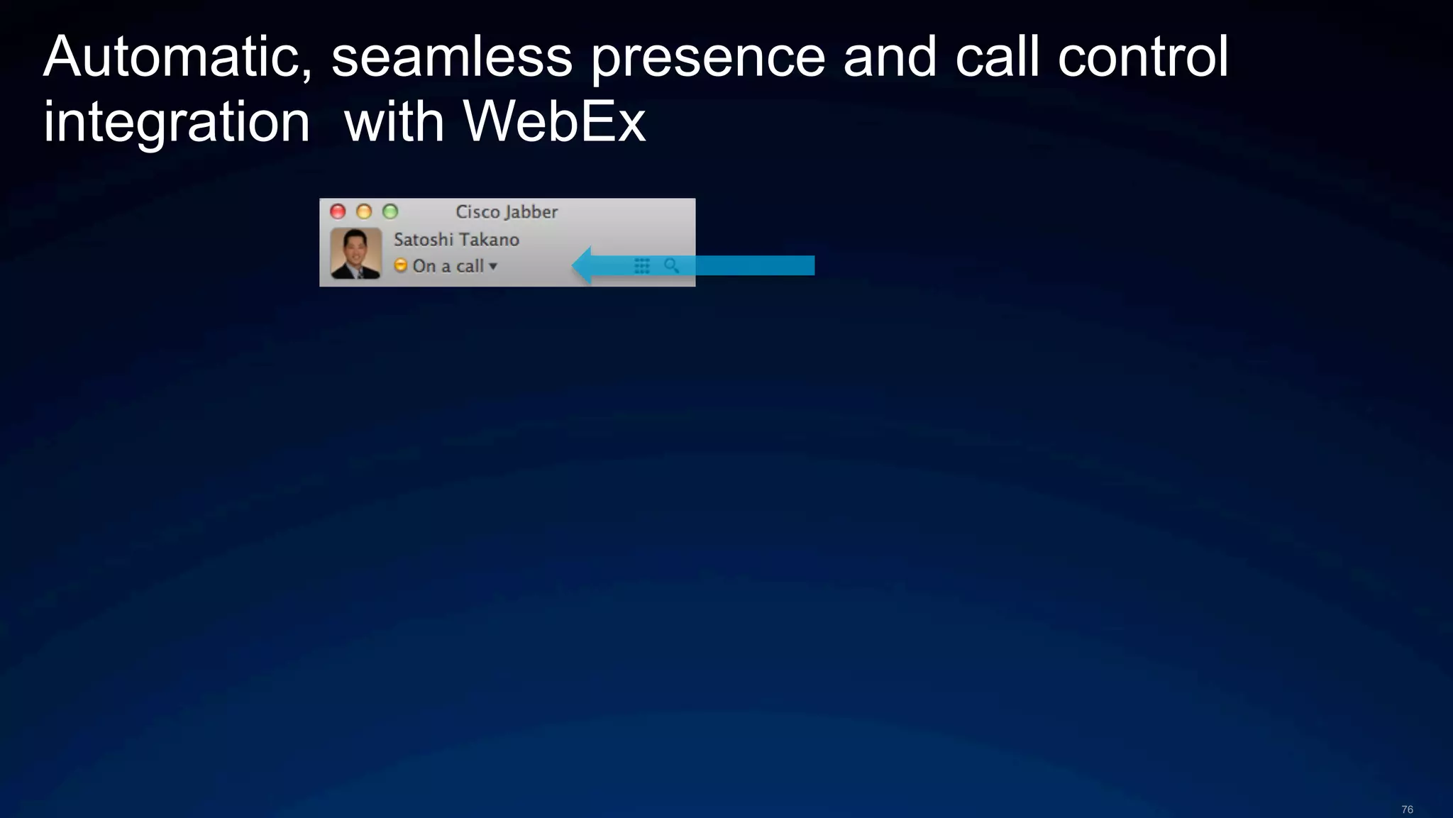 76
Automatic, seamless presence and call control
integration with WebEx
 