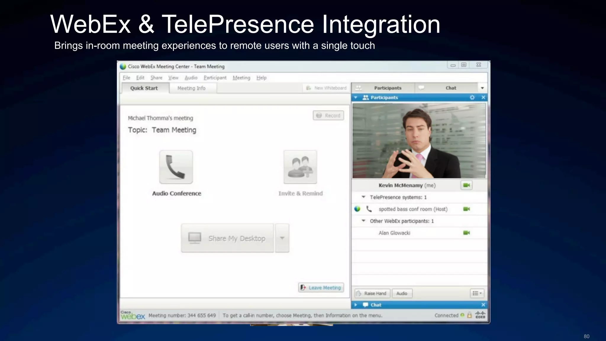 80
WebEx & TelePresence Integration
Brings in-room meeting experiences to remote users with a single touch
TelePresence User WebEx User
Single touch
to join meeting
and share content
Single click
to join meeting
and view content
and video
 
