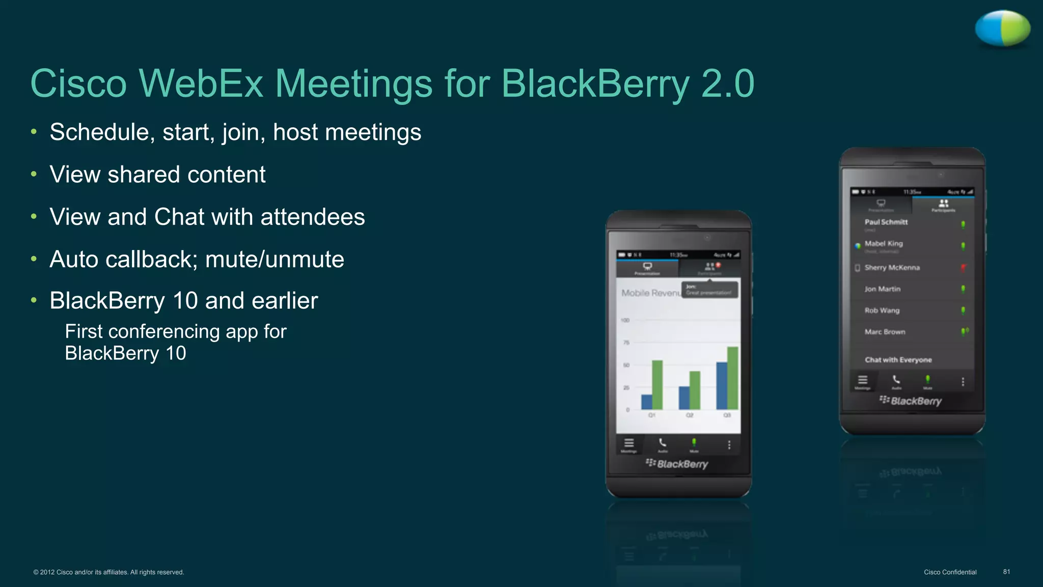 © 2012 Cisco and/or its affiliates. All rights reserved. Cisco Confidential 81
Cisco WebEx Meetings for BlackBerry 2.0
• Schedule, start, join, host meetings
• View shared content
• View and Chat with attendees
• Auto callback; mute/unmute
• BlackBerry 10 and earlier
First conferencing app for
BlackBerry 10
 