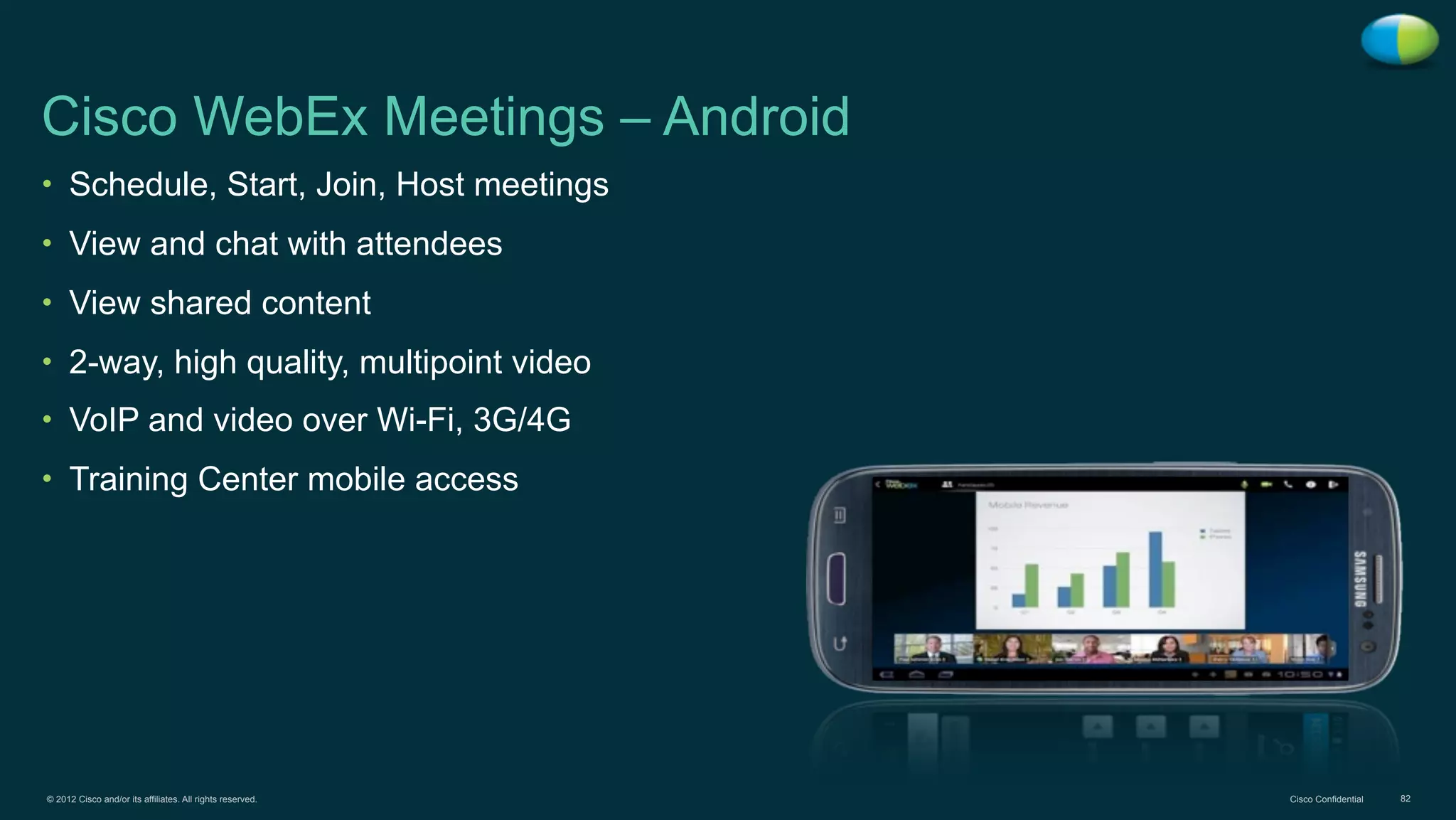 © 2012 Cisco and/or its affiliates. All rights reserved. Cisco Confidential 82
Cisco WebEx Meetings – Android
• Schedule, Start, Join, Host meetings
• View and chat with attendees
• View shared content
• 2-way, high quality, multipoint video
• VoIP and video over Wi-Fi, 3G/4G
• Training Center mobile access
 