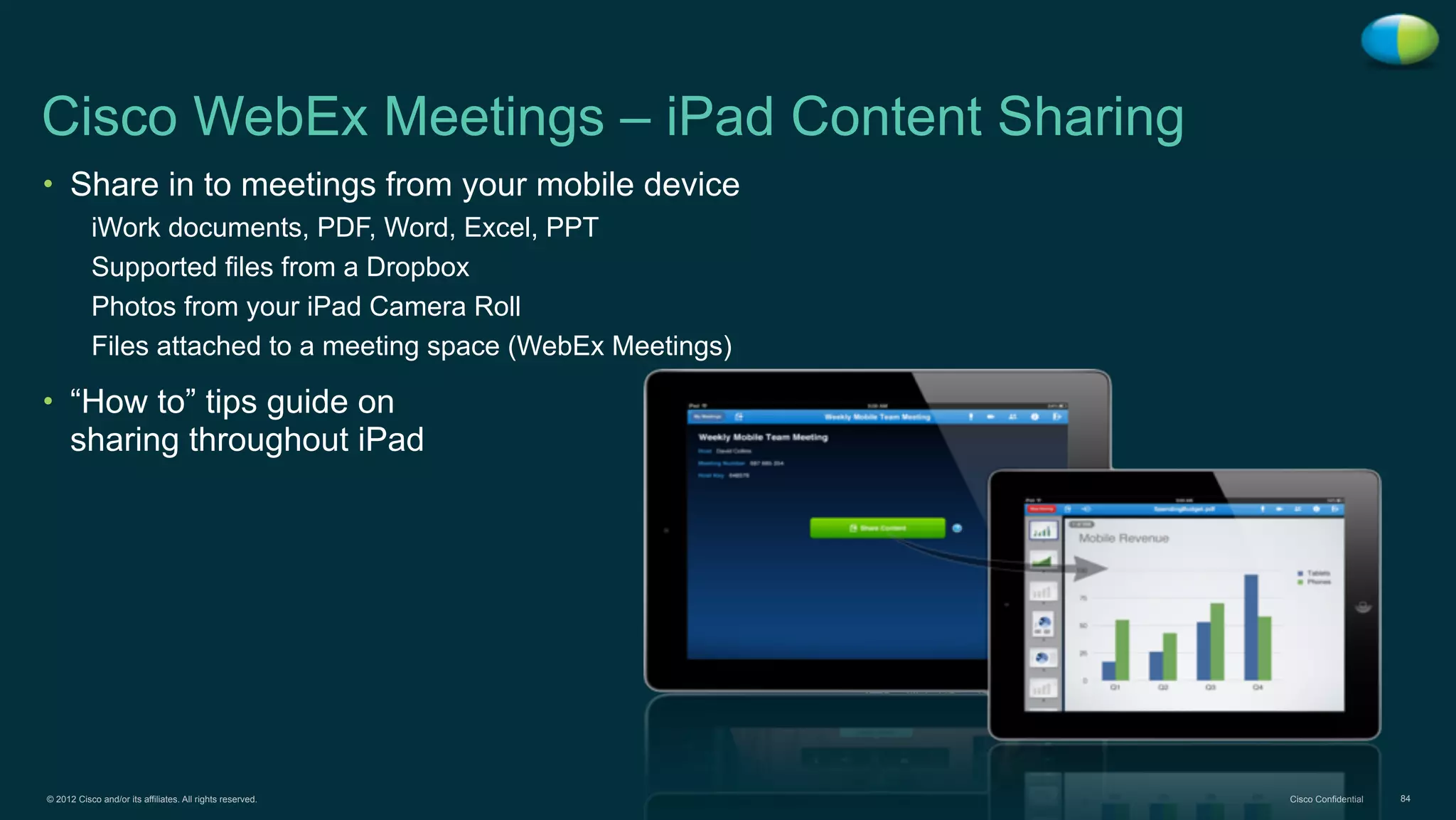 © 2012 Cisco and/or its affiliates. All rights reserved. Cisco Confidential 84
Cisco WebEx Meetings – iPad Content Sharing
• Share in to meetings from your mobile device
iWork documents, PDF, Word, Excel, PPT
Supported files from a Dropbox
Photos from your iPad Camera Roll
Files attached to a meeting space (WebEx Meetings)
• “How to” tips guide on
sharing throughout iPad
 