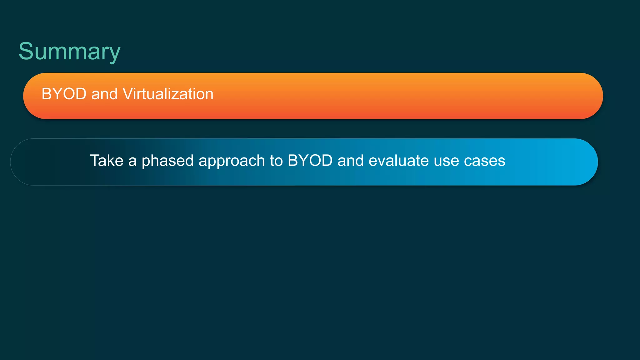 Take a phased approach to BYOD and evaluate use cases
BYOD and Virtualization
Summary
 