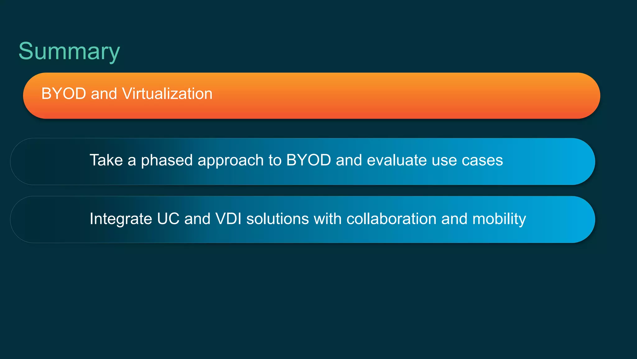 Integrate UC and VDI solutions with collaboration and mobility
Take a phased approach to BYOD and evaluate use cases
BYOD and Virtualization
Summary
 