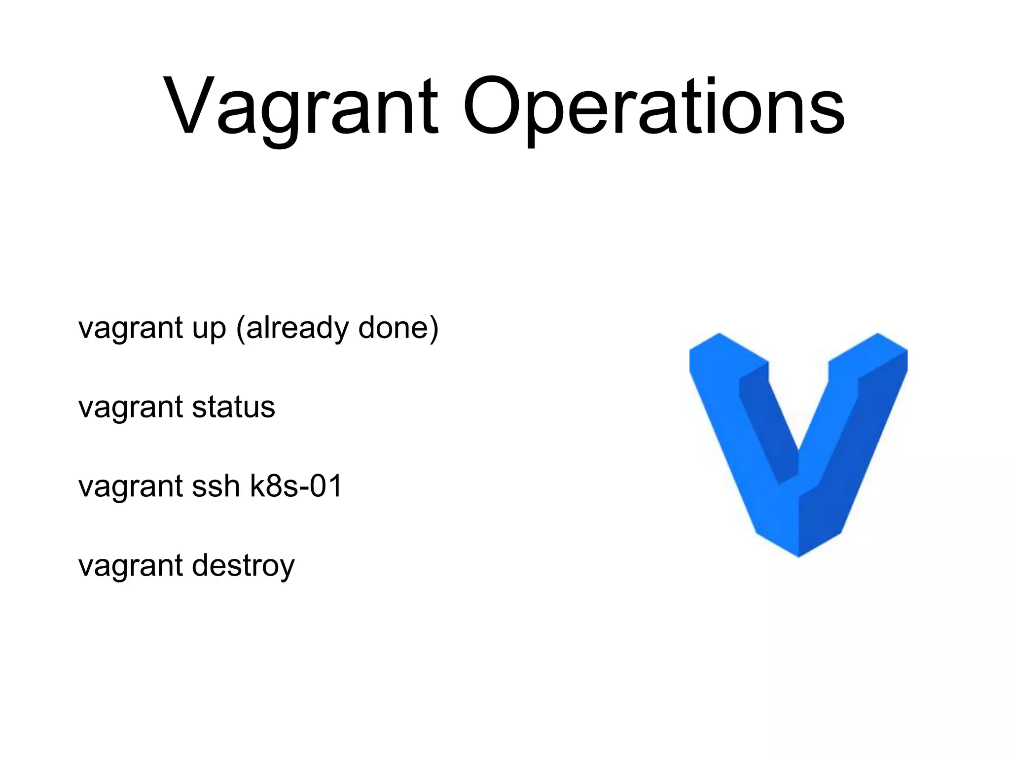 Vagrant Operations
vagrant up (already done)
vagrant status
vagrant ssh k8s-01
vagrant destroy
 