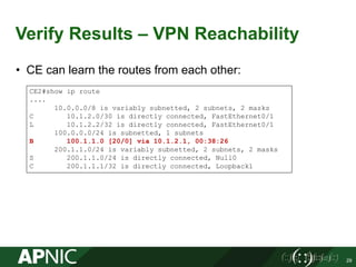 Verify Results – VPN Reachability
• CE can learn the routes from each other:
29
CE2#show ip route
....
10.0.0.0/8 is variably subnetted, 2 subnets, 2 masks
C 10.1.2.0/30 is directly connected, FastEthernet0/1
L 10.1.2.2/32 is directly connected, FastEthernet0/1
100.0.0.0/24 is subnetted, 1 subnets
B 100.1.1.0 [20/0] via 10.1.2.1, 00:38:26
200.1.1.0/24 is variably subnetted, 2 subnets, 2 masks
S 200.1.1.0/24 is directly connected, Null0
C 200.1.1.1/32 is directly connected, Loopback1
 