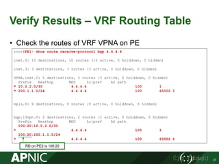 Verify Results – VRF Routing Table
• Check the routes of VRF VPNA on PE
37
root@PE1> show route receive-protocol bgp 4.4.4.4
inet.0: 10 destinations, 10 routes (10 active, 0 holddown, 0 hidden)
inet.3: 3 destinations, 3 routes (3 active, 0 holddown, 0 hidden)
VPNA.inet.0: 5 destinations, 5 routes (5 active, 0 holddown, 0 hidden)
Prefix Nexthop MED Lclpref AS path
* 10.0.2.0/30 4.4.4.4 100 I
* 200.1.1.0/24 4.4.4.4 100 65002 I
mpls.0: 9 destinations, 9 routes (9 active, 0 holddown, 0 hidden)
bgp.l3vpn.0: 2 destinations, 2 routes (2 active, 0 holddown, 0 hidden)
Prefix Nexthop MED Lclpref AS path
100:20:10.0.2.0/30
* 4.4.4.4 100 I
100:20:200.1.1.0/24
* 4.4.4.4 100 65002 I
RD on PE2 is 100:20
 