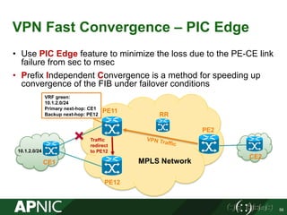 VPN Fast Convergence – PIC Edge
• Use PIC Edge feature to minimize the loss due to the PE-CE link
failure from sec to msec
• Prefix Independent Convergence is a method for speeding up
convergence of the FIB under failover conditions
56
PE11
PE12
CE1
PE2
CE2
10.1.2.0/24
RR
Traffic
redirect
to PE12
VRF green:
10.1.2.0/24
Primary next-hop: CE1
Backup next-hop: PE12
MPLS Network
 