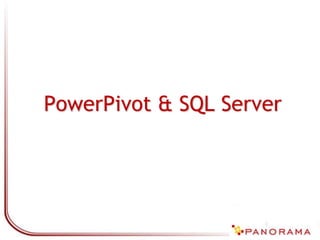A Complete End-to-End BI Solution Claude Lorenson, Director of SQL Server Marketing at Microsoft Corp."For the last 14 years, Panorama has been a strategic Microsoft partner and continually adds innovation on top of the Microsoft platform. This new release will bring to market an end-to-end BI solution that combines the best of Microsoft SQL Server, Office Excel 2010 and SharePoint 2010 with Panorama’s NovaView suite, and will ultimately transform the landscape of business intelligence as we know it.” Source:http://www.panorama.com/news/news/archives/2010/first-bi-suite-for-powerpivot.html
