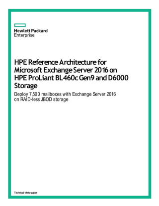 HPEReferenceArchitecturefor
Microsoft ExchangeServer2016on
HPE ProLiant BL460cGen9andD6000
Storage
Deploy 7,500 mailboxes with Exchange Server 2016
on RAID-less JBOD storage
Technical whitepaper
 