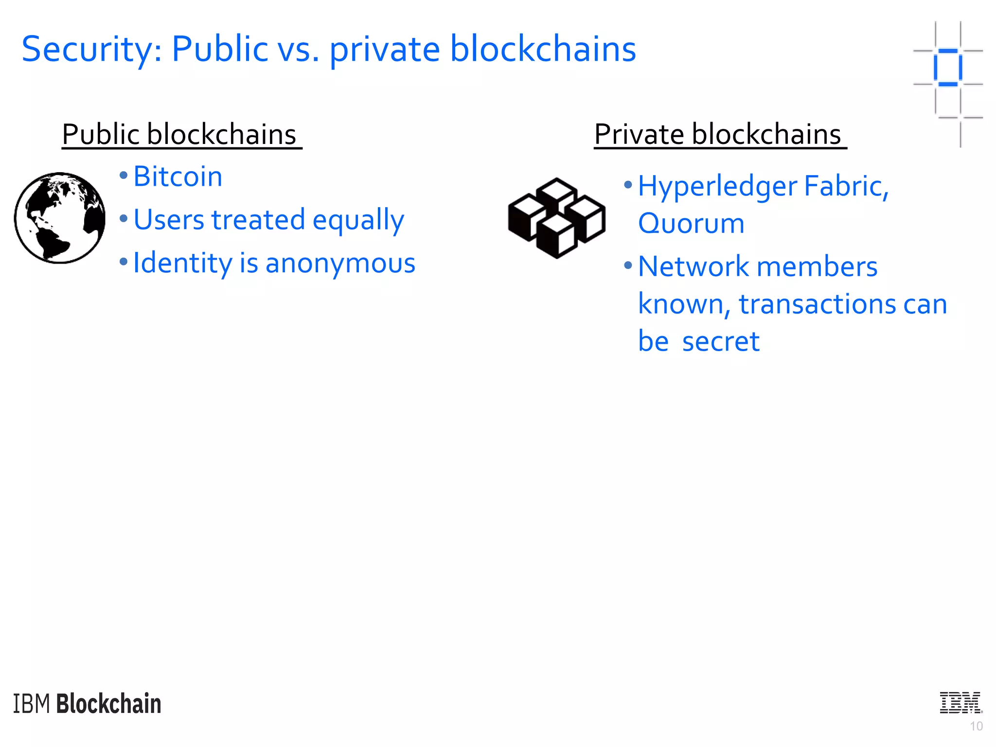 10
Security: Public vs. private blockchains
•Bitcoin
•Users treated equally
•Identity is anonymous
Public blockchains Private blockchains
•Hyperledger Fabric,
Quorum
•Network members
known, transactions can
be secret
 
