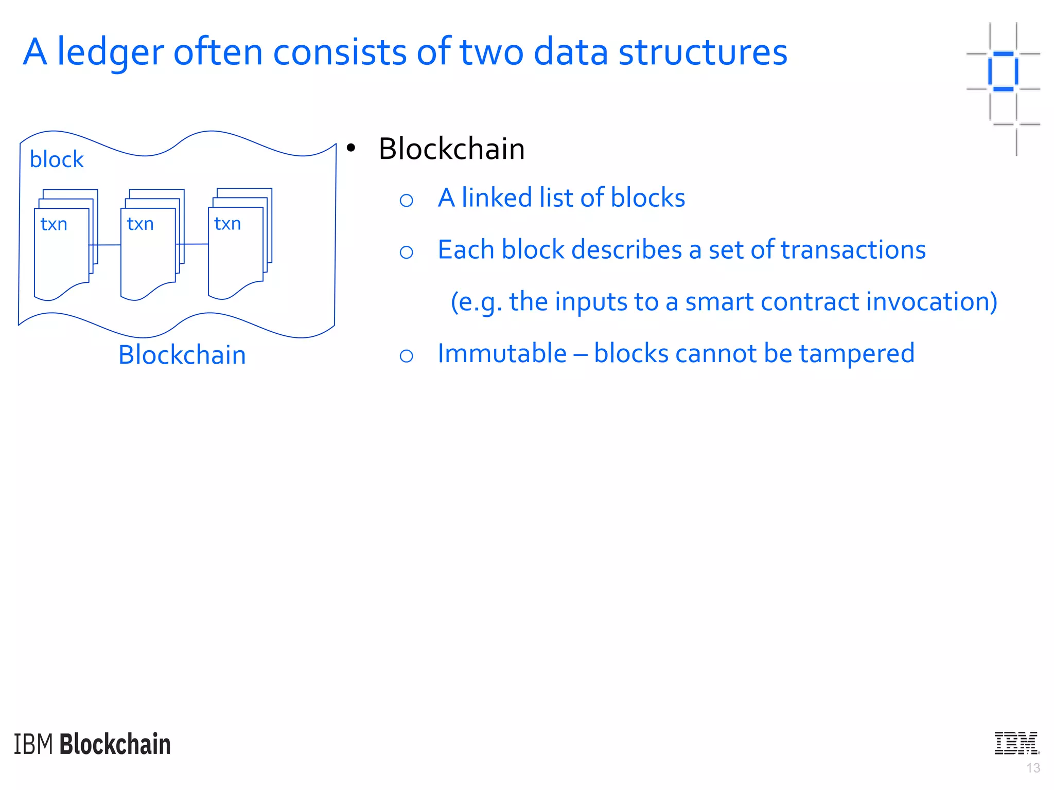 13
A ledger often consists of two data structures
• Blockchain
o A linked list of blocks
o Each block describes a set of transactions
(e.g. the inputs to a smart contract invocation)
o Immutable – blocks cannot be tampered
block
txn txn txn
Blockchain
 