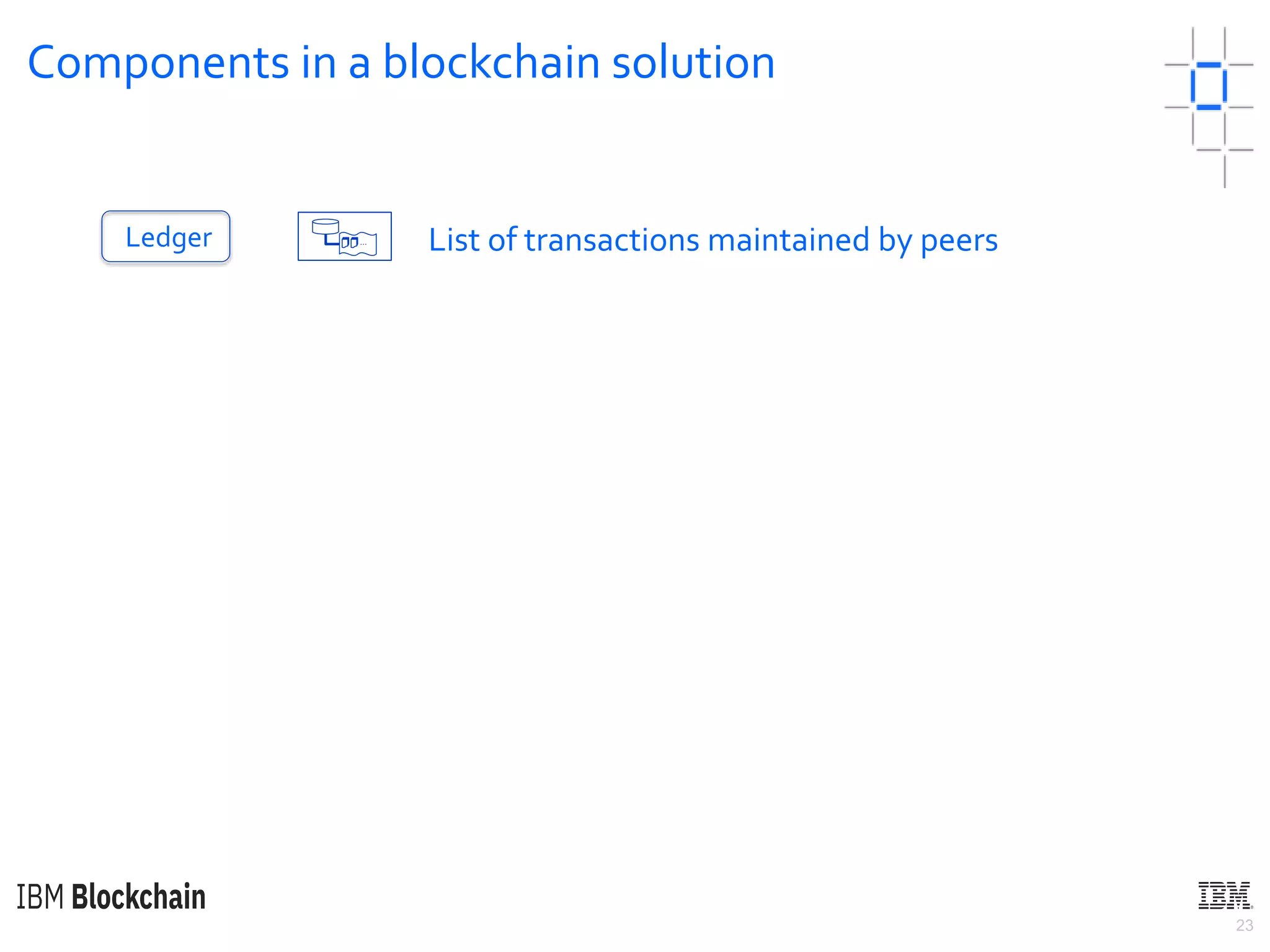 23
Components in a blockchain solution
Ledger List of transactions maintained by peers…
 