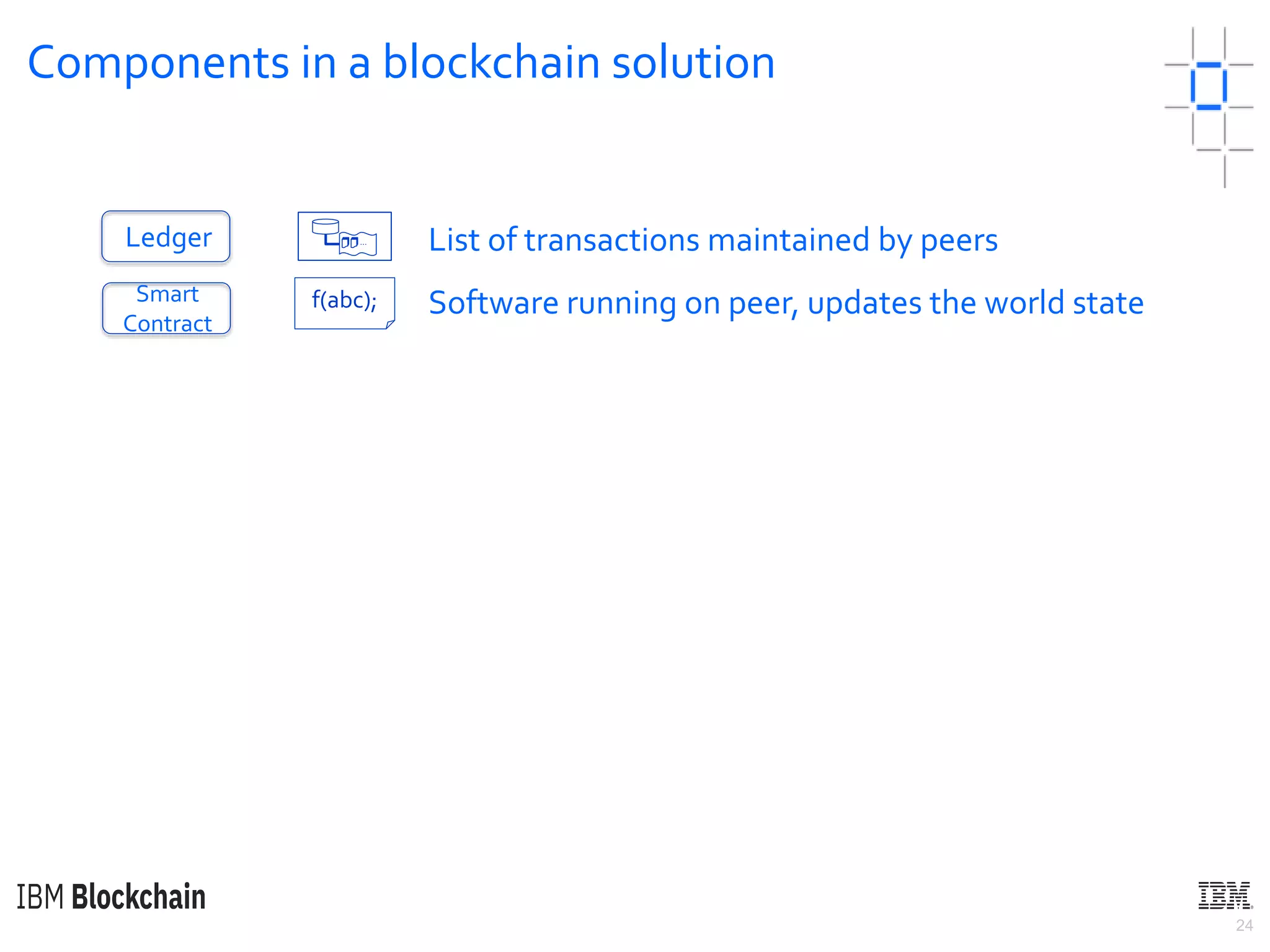 24
Components in a blockchain solution
Smart
Contract
Ledger List of transactions maintained by peers
f(abc); Software running on peer, updates the world state
…
 