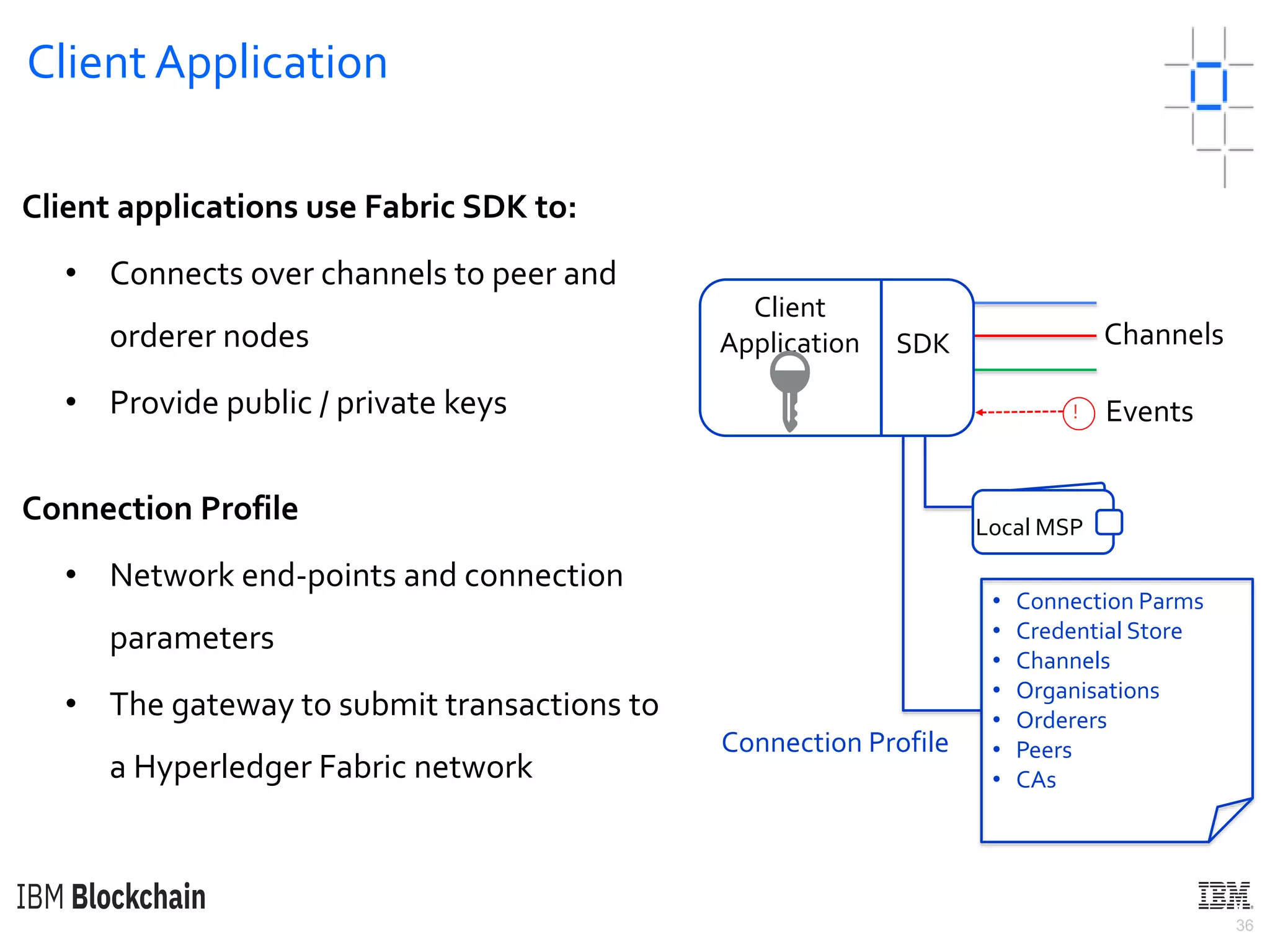 36
Client Application
Client applications use Fabric SDK to:
• Connects over channels to peer and
orderer nodes
• Provide public / private keys
Connection Profile
• Network end-points and connection
parameters
• The gateway to submit transactions to
a Hyperledger Fabric network
! Events
Channels
Client
Application SDK
Local MSP
• Connection Parms
• Credential Store
• Channels
• Organisations
• Orderers
• Peers
• CAs
Connection Profile
🔑
 