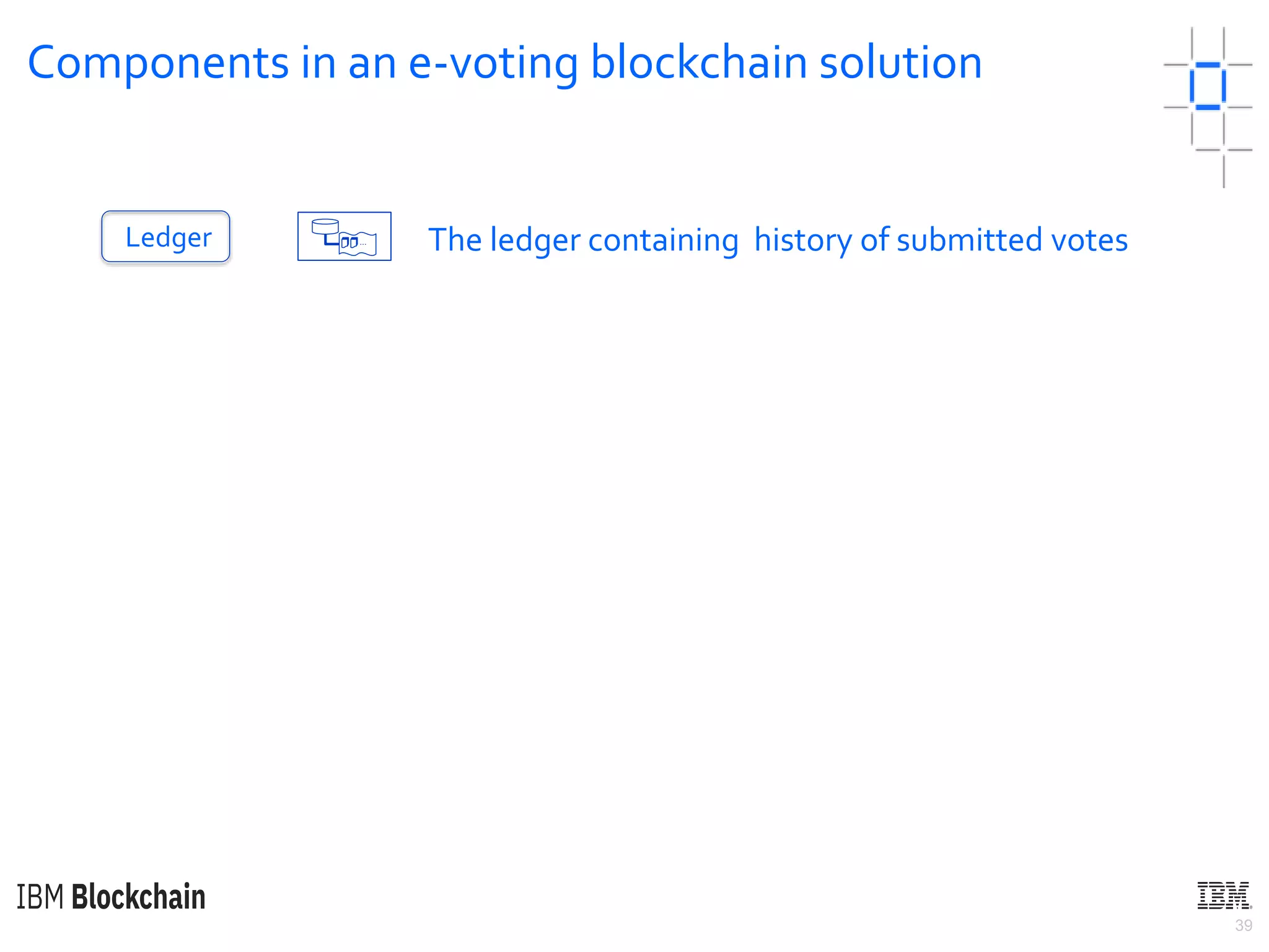 39
Components in an e-voting blockchain solution
Ledger The ledger containing history of submitted votes…
 