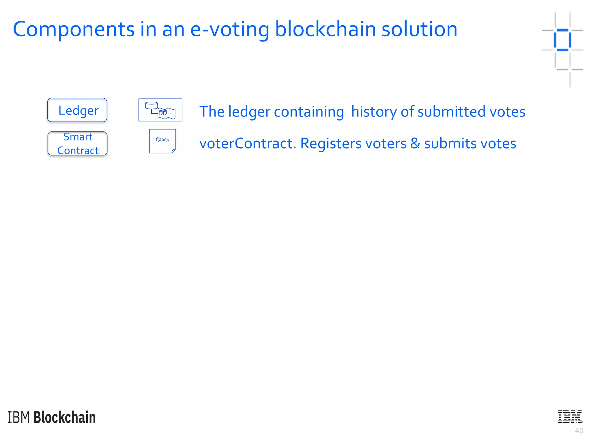 40
Components in an e-voting blockchain solution
Smart
Contract
Ledger The ledger containing history of submitted votes
f(abc);
voterContract. Registers voters & submits votes
…
 