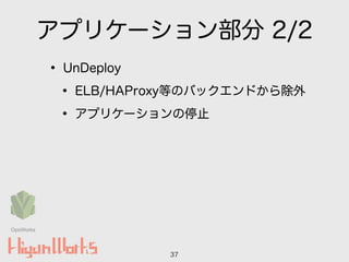 アプリケーション部分 2/2
• UnDeploy
• ELB/HAProxy等のバックエンドから除外
• アプリケーションの停止
37
OpsWorks
 