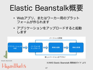 Elastic Beanstalk
Elastic Beanstalk概要
• Webアプリ、またはワーカー用のプラット
フォームが作られます
• アプリケーションをアップロードすると起動
します
47
※AWS Elastic Beanstalk 開発者ガイド より
 