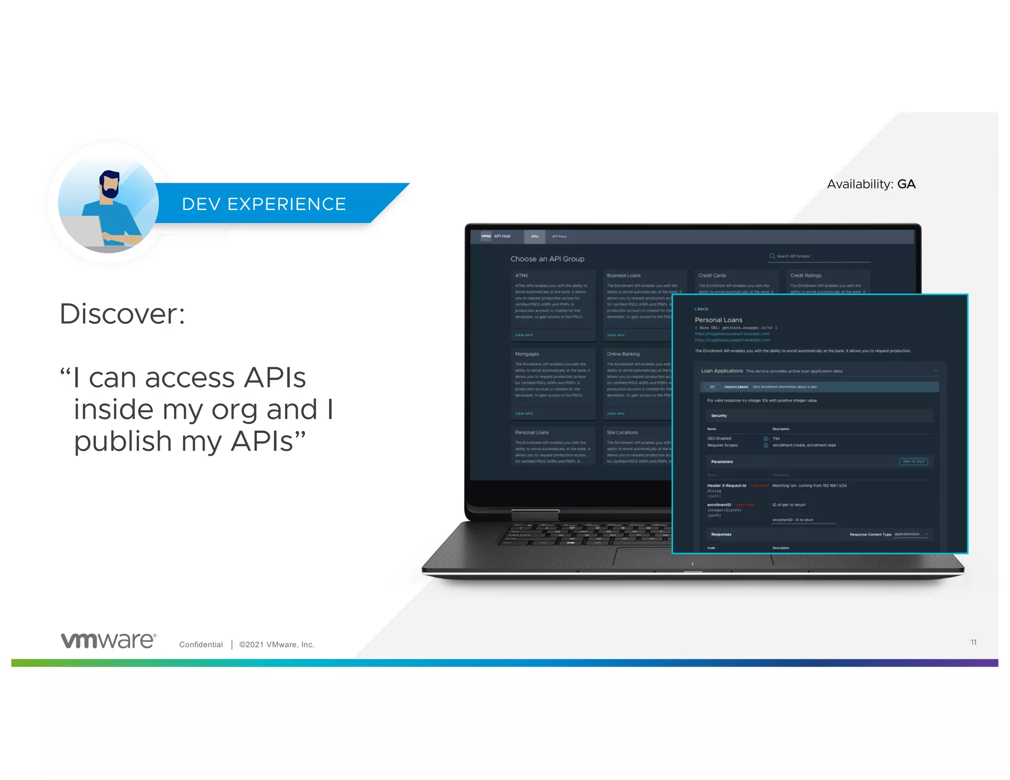 Confidential │ ©2021 VMware, Inc. 11
Discover:
“I can access APIs
inside my org and I
publish my APIs”
DEV EXPERIENCE
11
Availability: GA
DEV EXPERIENCE
 