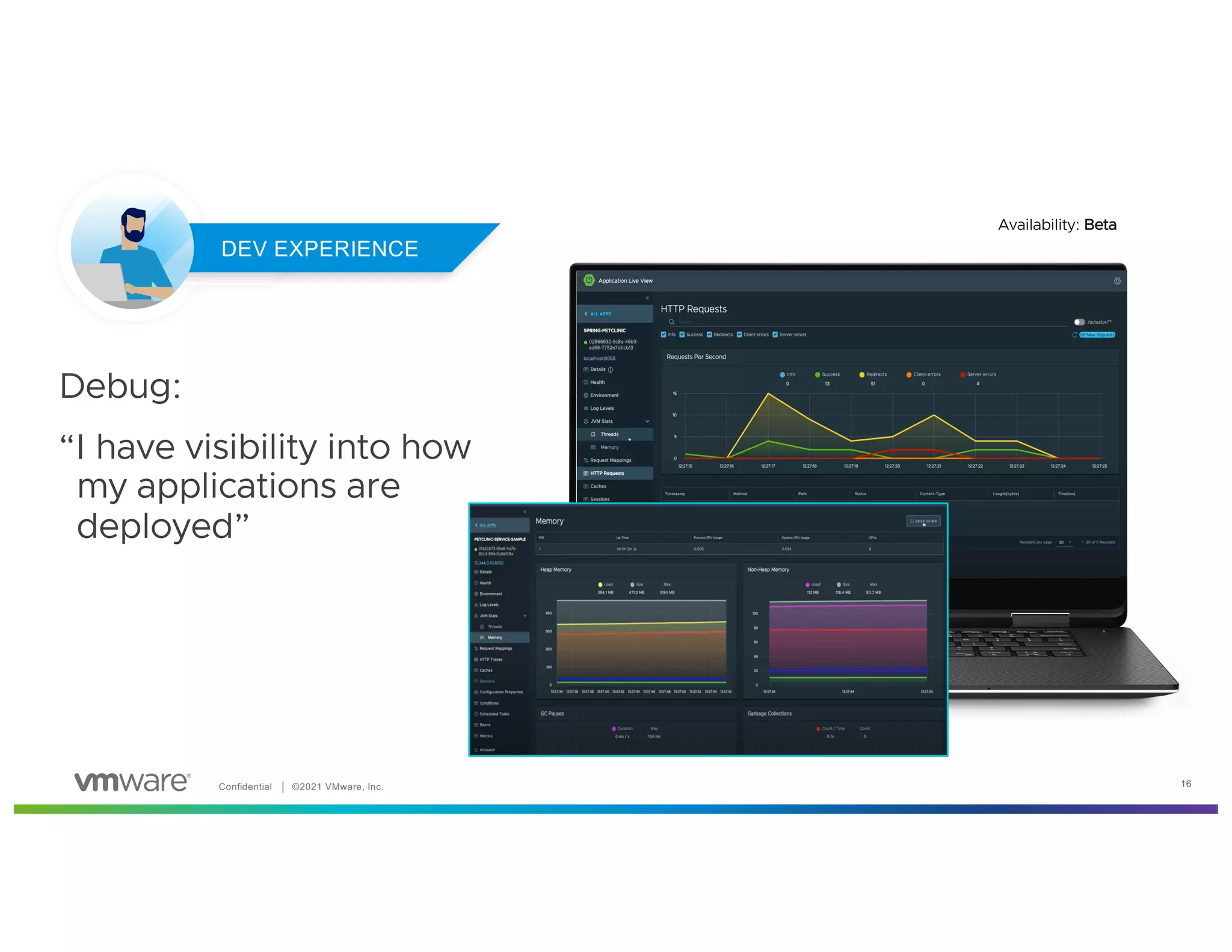 Confidential │ ©2021 VMware, Inc. 16
Debug:
“I have visibility into how
my applications are
deployed”
16
DEV EXPERIENCE
DEV EXPERIENCE
Availability: Beta
 