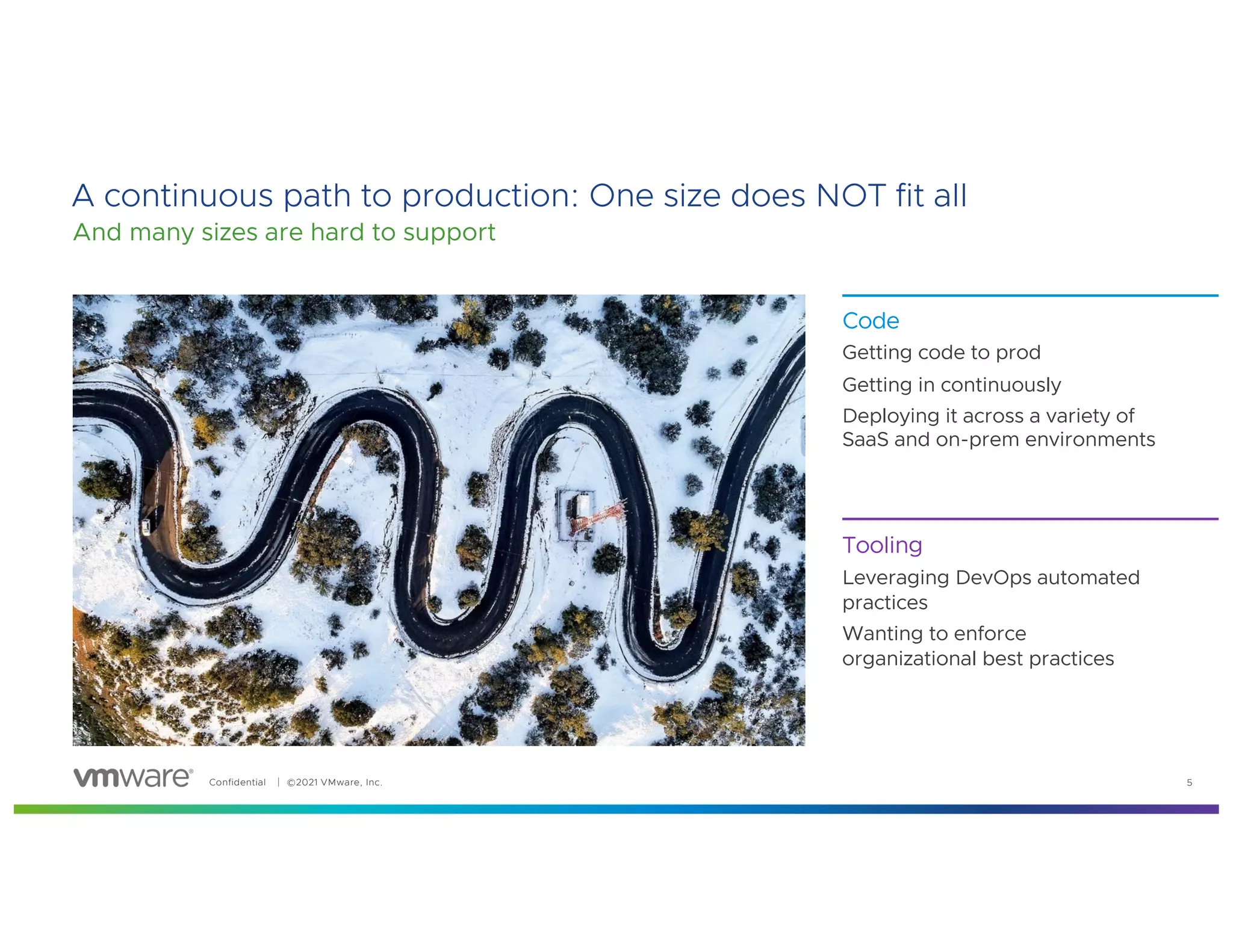 Confidential │ ©2021 VMware, Inc. 5
A continuous path to production: One size does NOT fit all
And many sizes are hard to support
Code
Getting code to prod
Getting in continuously
Deploying it across a variety of
SaaS and on-prem environments
Tooling
Leveraging DevOps automated
practices
Wanting to enforce
organizational best practices
 