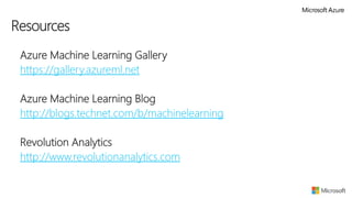  Azure Machine Learning Gallery
 https://gallery.azureml.net
 Azure Machine Learning Blog
 http://blogs.technet.com/b/machinelearning
 Revolution Analytics
 http://www.revolutionanalytics.com
Resources
 