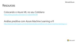  Colocando o Azure ML no seu Cotidiano
 https://www.youtube.com/watch?v=CNsH2PKPnWI
 Análise preditiva com Azure Machine Learning e R
 http://www.livrosdonogare.com.br/produto/analise-preditiva-com-azure-machine-learning-e-r/
Resources
 