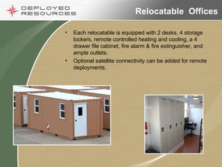 Relocatable  Offices Each relocatable is equipped with 2 desks, 4 storage lockers, remote controlled heating and cooling, a 4 drawer file cabinet, fire alarm & fire extinguisher, and ample outlets.  Optional satellite connectivity can be added for remote deployments. 