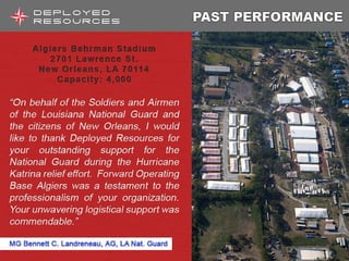 Past Performance 1” Aluminum framing to maximize interior space. Plug & play water and electrical connections Insulated to R29 Mechanical area is self contained in separate area accessible from the outside. 