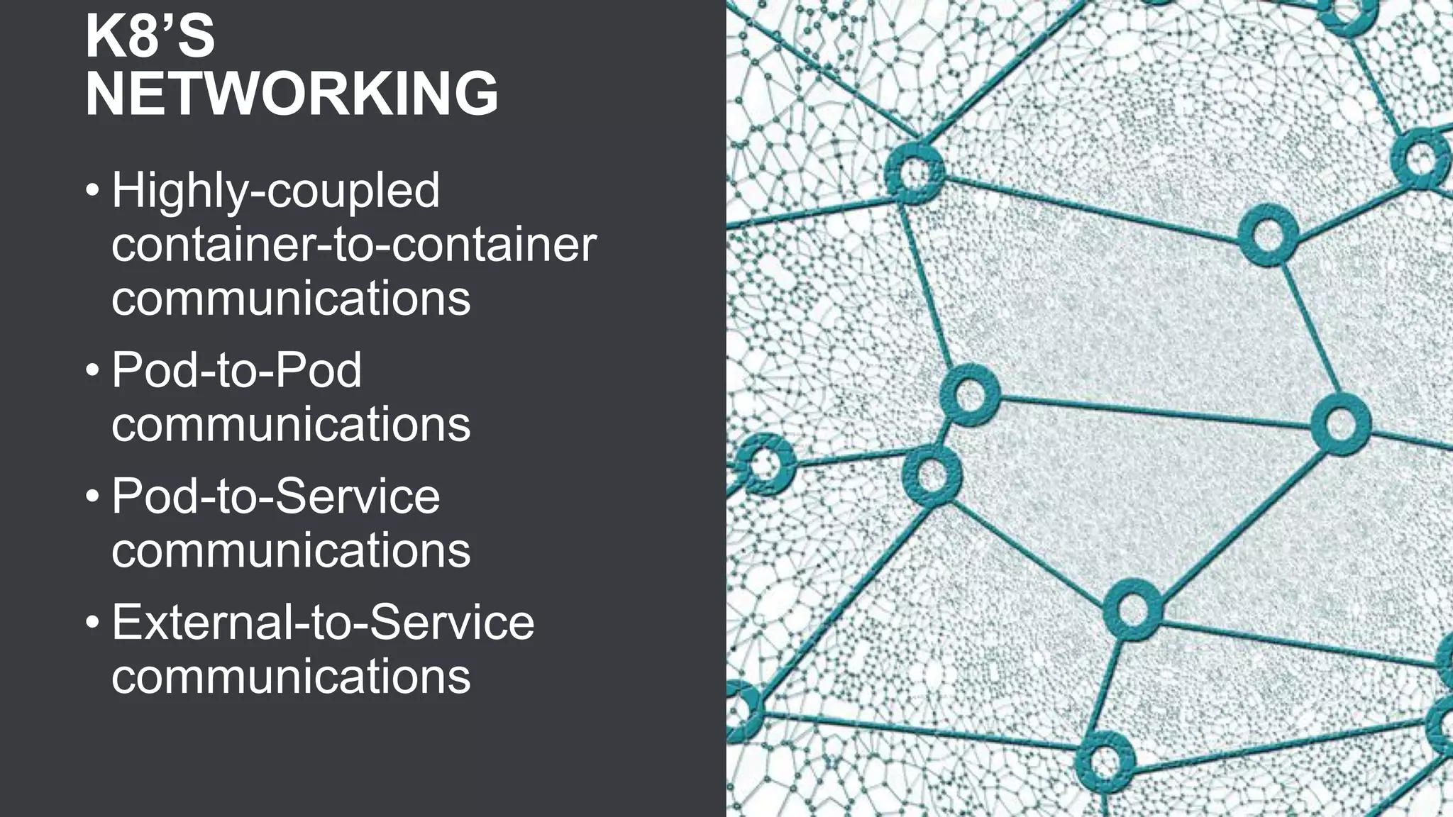 K8’S
NETWORKING
• Highly-coupled
container-to-container
communications
• Pod-to-Pod
communications
• Pod-to-Service
communications
• External-to-Service
communications
 